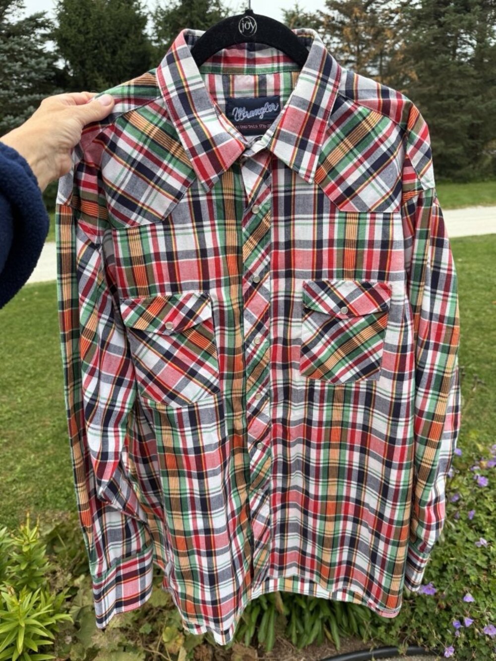 Vintage Wrangler multicolor plaid rodeo western pearl snaps long tails shirt XL
